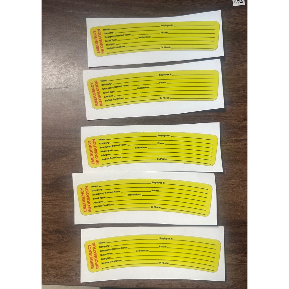 5 Pack Emergency Medical Information Hard Hat Stickers High Visibility Yellow